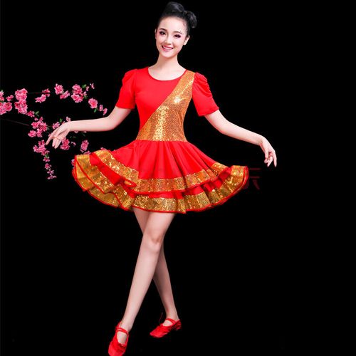 广场舞服装短裙套装2019新款秧歌舞蹈演出服短袖亮片连衣裙时尚女 红